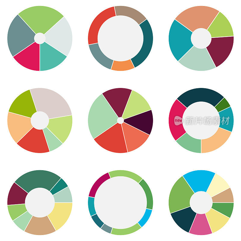 向量抽象集合颜色饼图5 6 8段随机信息图元素，百分比拼图